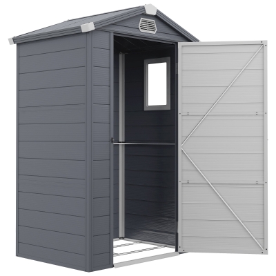 Outsunny IE Located 4 x 3ft Plastic Garden Storage Shed - Foundation Kit Included, Polypropylene Outdoor Storage Tool House with Ventilation Slots and Lockable Door, Grey