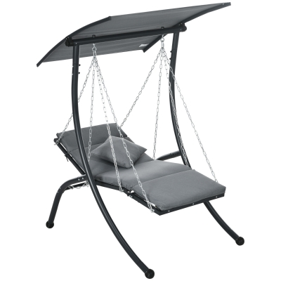 Outsunny Leżanka Wisząca, regulowany dach, w zestawie poduszka siedziska, poduszka na głowę, rama stalowa, ciemnoszary, 108 x 145 x 169 cm