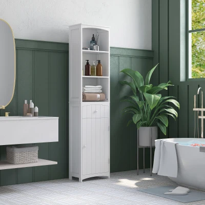 HOMCOM Armario Alto de Baño Estrecho con 1 Cajón y 3 Estantes Abiertos Columna de Baño Estilo Moderno para Salón Aseo Cocina 34x24x170 cm Blanco