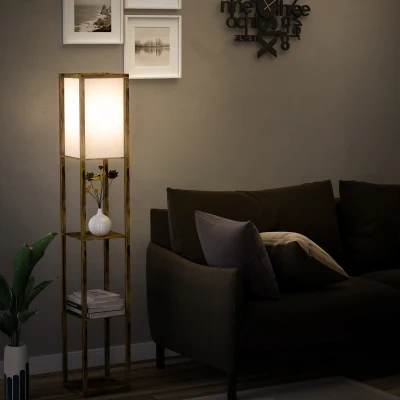 HOMCOM 3-Tier Floor Lamp, Floor Light with Storage Shelf, Reading Standing Lamp for Living Room, Bedroom, Kitchen, Dining Room, Office, Dorm, 160cm, Brown