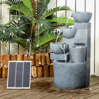 Outsunny Fontanna ogrodowa, w stylu naturalnego kamienia, 4-stopniowy, zasilana energią słoneczną, diody LED, 57 cm wysokość, ciemnoszary