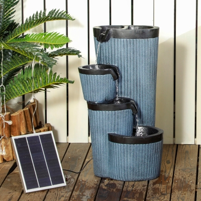 Outsunny Fontanna ogrodowa, imitacja drewnianego beczułka, 4-stopniowa, zasilana energią słoneczną, diody LED, 57cm, Żywica sztuczna, Szary/Czarny