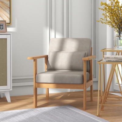 HOMCOM Fotel akcentowy, Fotel obity, w zestawie 1 poduszka, 70 cm x 72 cm x 76 cm, Beżowy + Naturalny