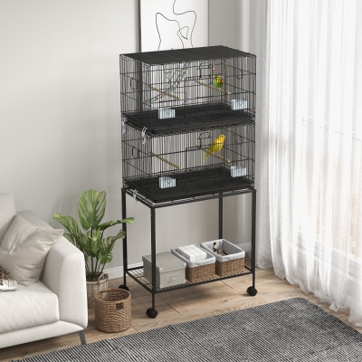 PawHut Gaiola Dupla e Empilhável para Pássaros 77x46x164 cm com Rodas Poleiros Bandeja Amovível Comedouros Baloiço e Escada Preto