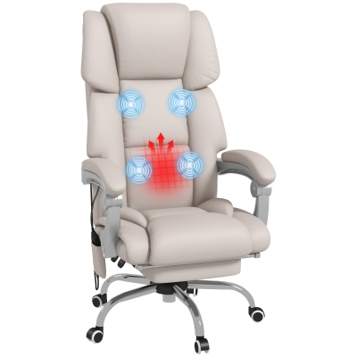 Vinsetto PU Leather Massage Office Chair with 4 Vibration Points, Heated Reclining Computer Desk Chair with Adjustable Height, Footrest, Light Grey
