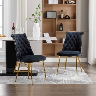 Ensemble de 2 chaises de salle à manger en velours, dossier haut avec dossier à anneaux et pieds en métal doré, Noir