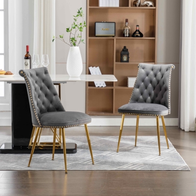 Ensemble de 2 chaises de salle à manger en velours, dossier haut avec dossier à anneaux et pieds en métal doré, Gris
