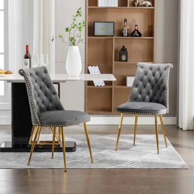 Ensemble de 2 chaises de salle à manger en velours, dossier haut avec dossier à anneaux et pieds en métal doré, Gris