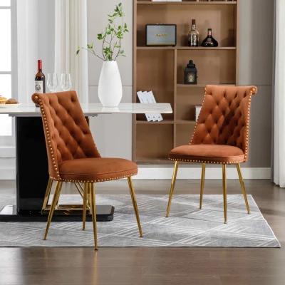 Ensemble de 2 chaises de salle à manger en velours, dossier haut avec dossier à anneaux et pieds en métal doré, Marron