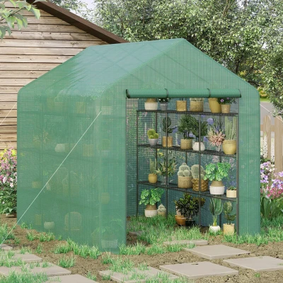 Outsunny Poly Tunnel Steeple Walk in Garden Greenhouse with Removable Cover Shelves - Green 244 x 180 x 210cm
