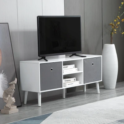 HOMCOM Móvel de TV para Televisores de até 50 Polegadas Móvel de Sala de Estar Moderno com 2 Gavetas de Tecido 2 Prateleiras Abertas e Orifício Passa Cabos 110x29x46,5cm Branco e Cinza