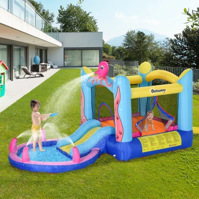 Outsunny Castelo Insuflável com Escorrega Trampolim e Piscina para Crianças acima de 3 Anos Inclui Insuflador e Bolsa de Transporte para Interior e Exterior 360x175x180cm Multicor