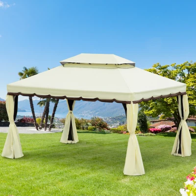 Outsunny Pérgola de Jardim 4x3m Pérgola de Alumínio com  Teto com Ventilação 4 Cortinas Laterais 4 Telas Mosquiteiras e 8 Orifícios de Drenagem para festas Eventos Exterior Creme
