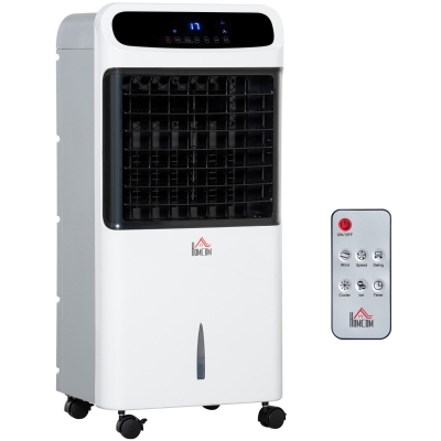 HOMCOM Climatizador Humidificador Refrigerador de Ar com Rodas Depósito de 12L Controlo Remoto 3 Modos de Velocidade Temporizador 12h e Ecrã LED Tátil 38x35x81cm Branco