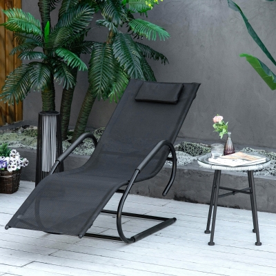 Outsunny Espreguiçadeira de Jardim Ergonómica com Apoio para a Cabeça e Apoio para os Braços Espreguiçadeira Estofada em tecido Textilene Respirável para Terraço Pátio 59,5x160x83cm Preto