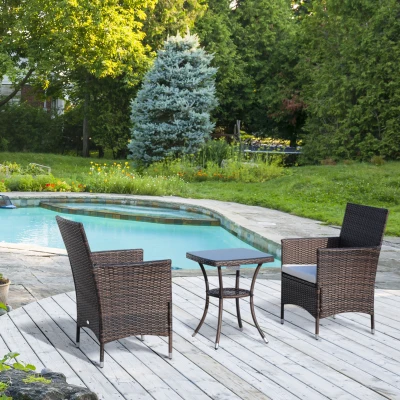Outsunny Conjunto de 1 Mesa 2 Cadeiras Rattan para Jardim com almofada Estrutura Metal Cor Castanho