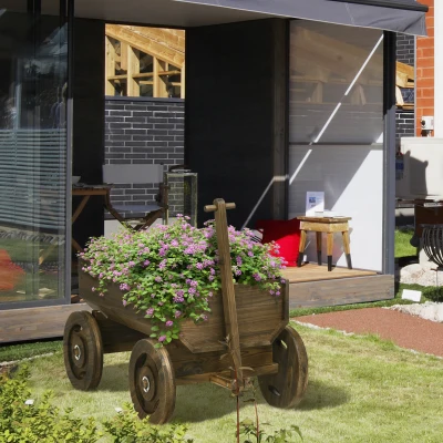 Outsunny verhoogd bed in houten karontwerp bloembak houten plantenkar verkoold