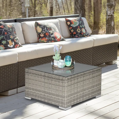 Outsunny Square PE Wicker Rattan Table, with Glass Top - Light Grey