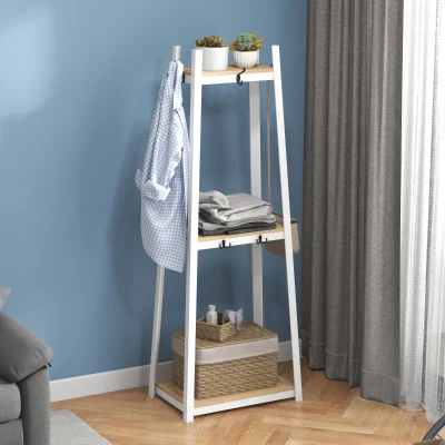 HOMCOM Suporte para Cabides de 3 Níveis Suporte para Cabides com 6 Ganchos e Prateleiras para Entrada Corredor 61x41x165 cm Natural