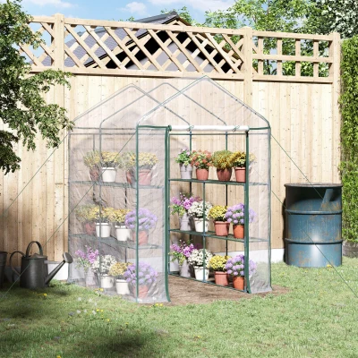 Outsunny Walk in Greenhouse, 3-Tier Green House with 8 Shelves, Hemmed Cover and Roll-up Zipped Door, Steel Frame, 143 x 143 x 195 cm