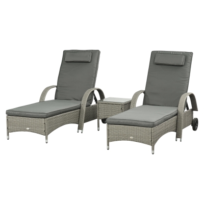 Outsunny Zestaw leżaków ogrodowych z technorattanu ze stolikiem, meble ogrodowe z poduszkami, 4 kolory