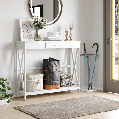 HOMCOM Mesa Consola Clássica com 1 Gaveta e 1 Prateleira de Armazenamento para a Entrada Mesa Auxiliar Sala de Estar Estilo Elegante 100x30x81cm Branco