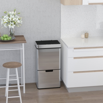 HOMCOM Kosz na śmieci z czujnikiem 72 l System segregacji 3 komory stal nierdzewna srebrny 42 x 30 x 81 cm
