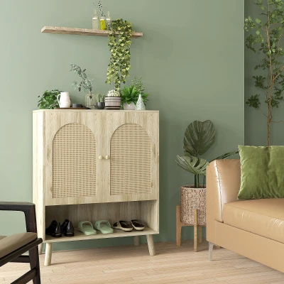 HOMCOM Mobile Multiuso Stile Boho in Legno e Rattan Rovere