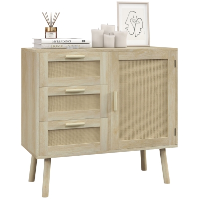 HOMCOM Mobile Stile Boho con Anta e 3 Cassetti in Legno e Rattan