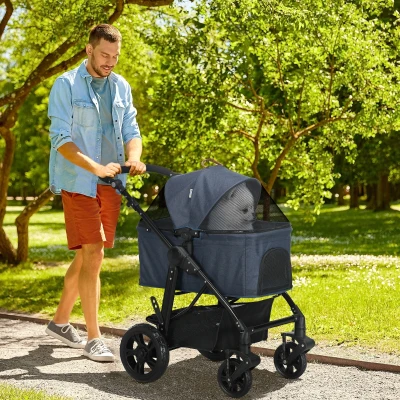PawHut Hundebuggy Hundewagen bis 10 kg Klappbar Tragtasche Bodenkorb 99L x 62B x 106H cm Dunkelblau