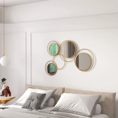 HOMCOM Espelho Decorativo de Parede em Metal 3D Decoração de Parede Metálica com 4 Espelhos Redondos para Corredor 110x68 cm Dourado