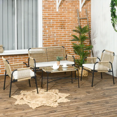 Outsunny 4-częściowy zestaw mebli ogrodowych z rattanu, zestaw mebli wypoczynkowych, 110 cm x 65 cm x 74 cm, Naturalny + Kremowy