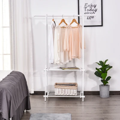 HOMCOM Suporte para Cabide Dobrável com 2 Prateleiras e  1 Barra para Pendurar Roupas para Sala Quarto Entrada 107,5x45x150 cm