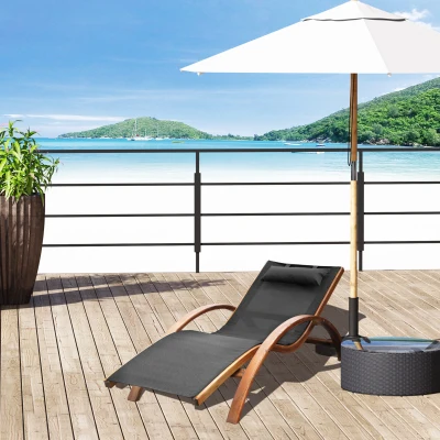 Sezlong de Soare cu Tetiera 165x72x86cm - Negru/Lemn