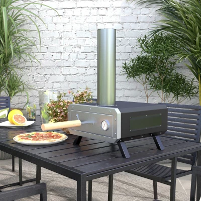 Outsunny 2-In-1 Pizzaoven Outdoor met Pizzasteen Houtoven Pizzaschep Pizzashovel Grilloven voor BBQ Staal Zwart