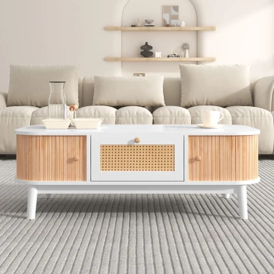 Tavolino da Salotto in Rattan con Cassetti e Ante in Listelli di Legno Massello, Bianco