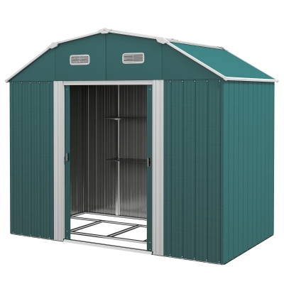 Szopa Ogrodowa Outsunny, Odporna na Warunki Atmosferyczne, 2 Okna, 2 Drzwi, 238 x 132 x 198,5 cm, Zielona
