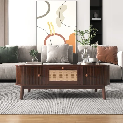 Tavolino da Salotto in Rattan con Cassetti e Ante in Listelli di Legno Massello, Legno Naturale
