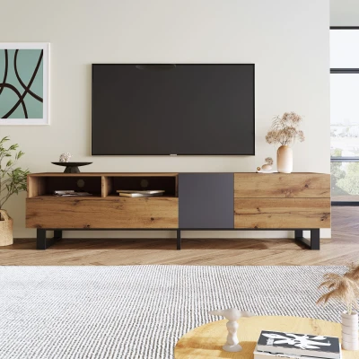 Mobile TV Moderno Colorblocking con Venature in Legno e Superficie Lucida, Nero