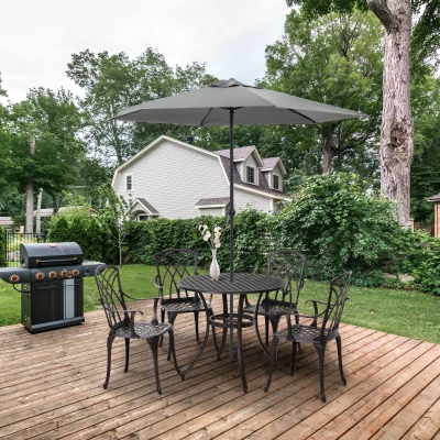 Outsunny 5 Pieces Outdoor Dining Table Set, Cast Aluminium Patio Conversation Furniture Set with 4 Armchairs, a Round Dining Table with Parasol Hole, Brown
