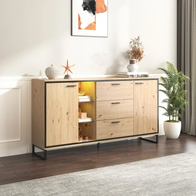 Cómoda Moderna de Madera con Tres Cajones Dos Puertas y Estantes Aparador salon Natural
