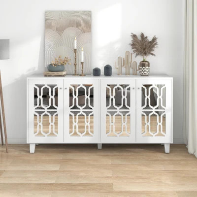 Credenza Bianca con Specchio e Maniglie di Cristallo, Bianco