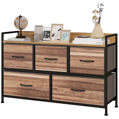HOMCOM Cajonera de Tela con 5 Cajones y Marco Metálico Estilo Industrial para Salón Recibidor 98x29x63 cm Roble