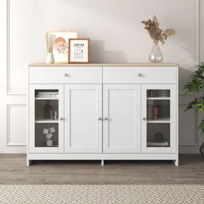 Credenza Moderna con Superficie in Legno, per Soggiorno e Sala da Pranzo, Bianco