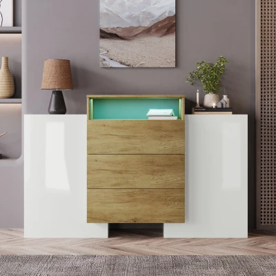 Credenza Moderna 140 cm con LED, Bianco e color Legno