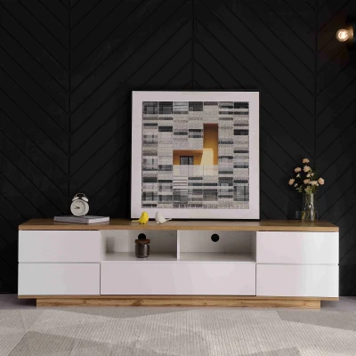Mobile TV moderno color block in bianco con venature del legno, Bianco