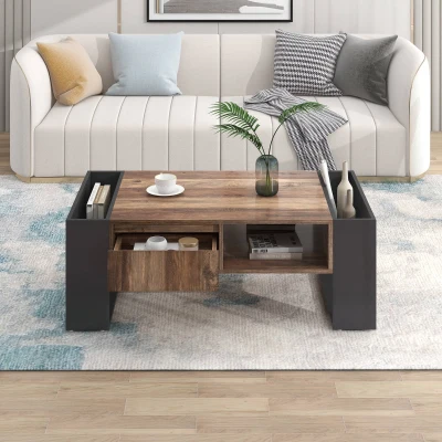 Mesa de Centro de Madera Efecto Natural con Cajón Sin Tirador Compartimento Frontal y Posterior Mesa de Centro Espaciosa Antracita Negro+gris