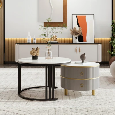 Tavolino 2-in-1 in MDF con Piano Lucido e Piano in Marmo Bianco, Grigio