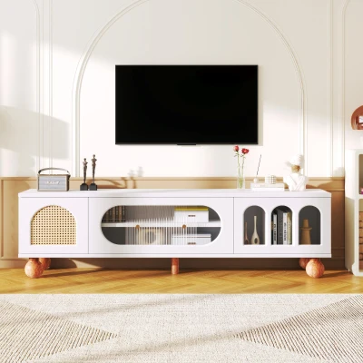 Mobili TV con Porta in Rattan PE, Bianco