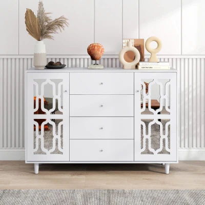 Cómoda Espejada Blanca Aparador salon con Manijas de Cristal Diseño Coordinado Vidrio Integrado Fácil Montaje - MDF 147,5x40x102 cm Blanco